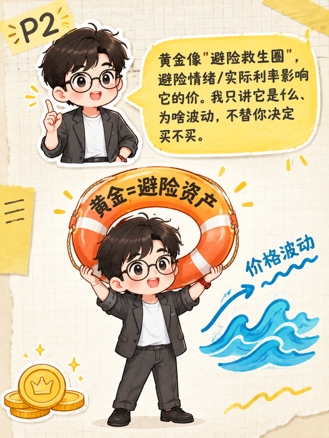 小红书笔记内页插图，P2 问题1：黄金还能买吗，手账拼贴科普风… - 图片创意预览