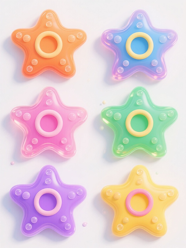 6个不同样式、不同配色、不同外观的海星，采用卡通风格，每个海星都有圆润的边角和立体感，表面覆盖着透明的光泽效果，点缀着大小不一的圆形凸起装饰，主色调分别为橙色、蓝色、粉色、紫色、绿色和黄色，每个海星的中心都有一个环形图案，周围环绕着气泡元素，白色背景，海星排列整齐，呈现出对称的布局，整体画面色彩鲜艳，充满童趣和活力。