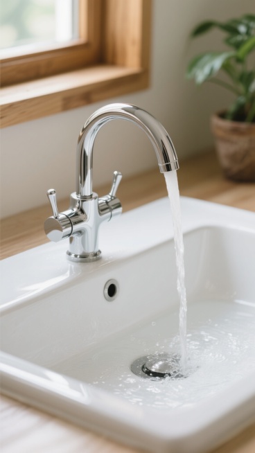 一张高质量写实风格的水龙头特写摄影，主体为亮银色镀铬双把手水龙头，水流从弯曲的出水口优雅地呈细长弧线注入下方光洁的白色陶瓷水槽，水花在盆底溅起细小涟漪并形成水膜反光。背景采用柔和的浅景深处理，左侧可见木质窗框边缘透入的温暖自然光，右侧模糊的绿色植物盆栽增添生机，整体色调以银白、浅木色、淡绿为主，营造出温馨、洁净、自然的卫浴或厨房氛围，光影过渡细腻，金属表面有清晰的高光和轻微阴影，突出水龙头的精……预览效果