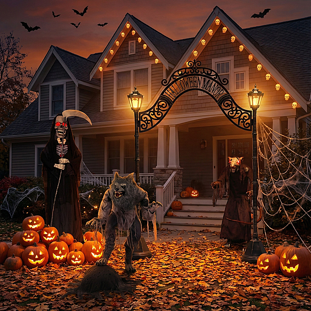 这4张图片中包含4款万圣节装饰摆件，将这4张图片融入到同一个场景图之中，要求场景为万圣节风格美式庭院，庭院之中包含万圣节的骷髅骨架，蜘蛛，南瓜灯，蝙蝠等装饰元素