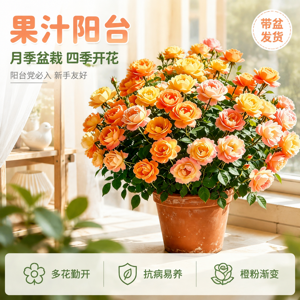 [主图-1] 果汁阳台月季盆栽首图，突出橙粉渐变花朵与阳台易养… - 图片创意预览