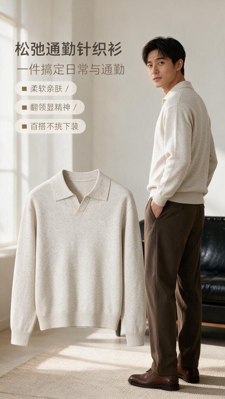 [商品] 使用【图1】米白色V型翻领针织polo衫；商品处理：… - 图片创意预览