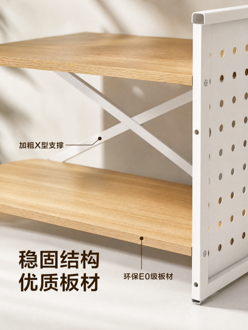 [主图-3] 桌面洞洞板置物架材质稳固细节特写
[氛围风格] 品质细节特写，真实可信
[画质] 商业摄影质感、光线柔和通透、产品清晰真实、画面干净高级
[元素] 放大特写桌面洞洞板置物架的交叉支撑结构预览效果
