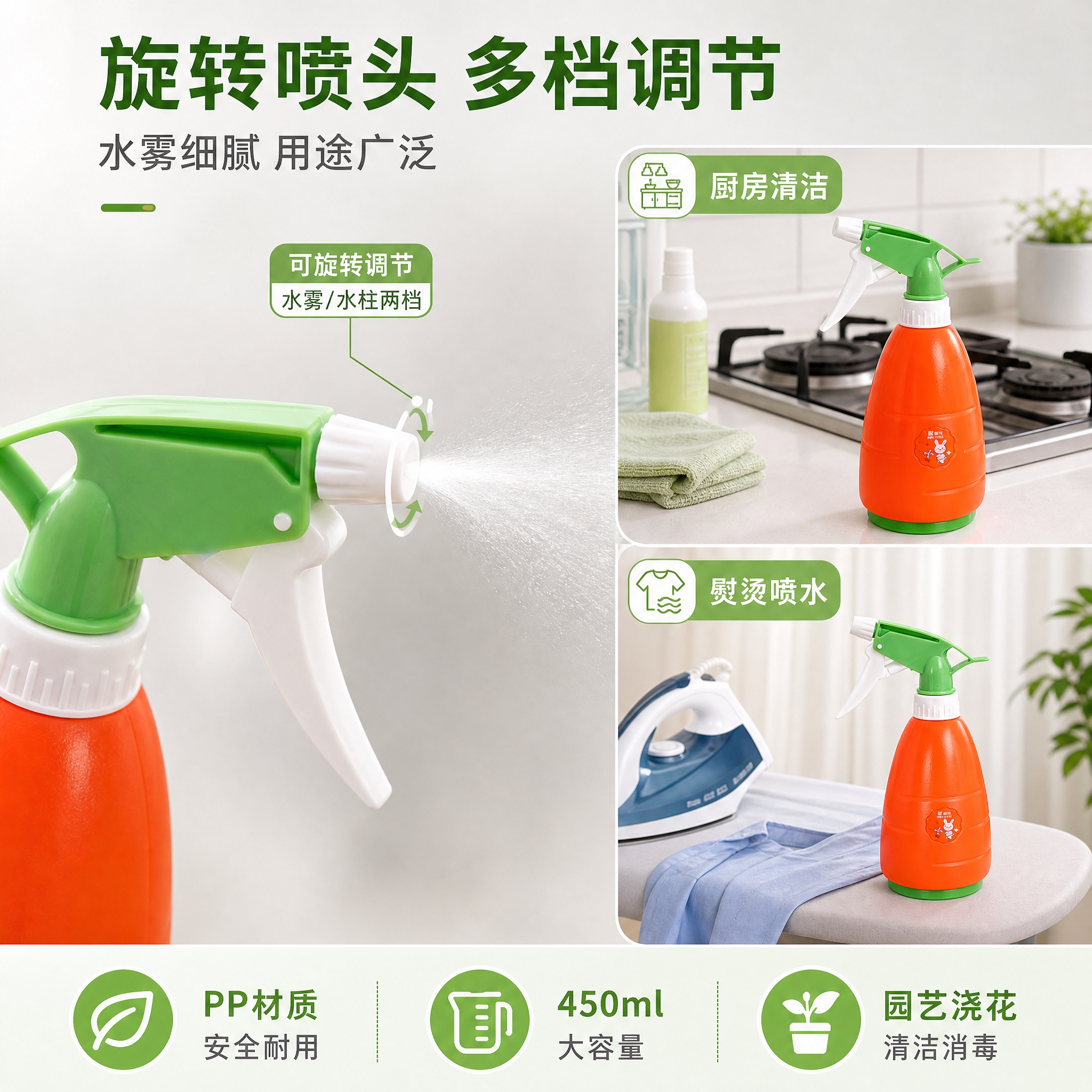 [主图-2] 胡萝卜造型喷壶核心卖点图，展示可旋转喷头调节水雾… - 图片创意预览