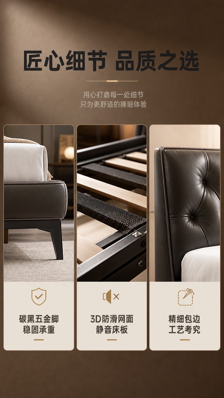 [商品] 使用【图1】意式轻奢头层牛皮软包实木床；保留碳黑五金… - 图片创意预览