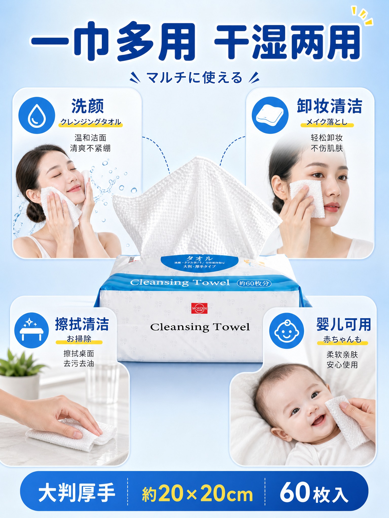 [3:4主图-3] 多用场景。森伝洗脸巾一巾多用竖版主图，中日… - 图片创意预览