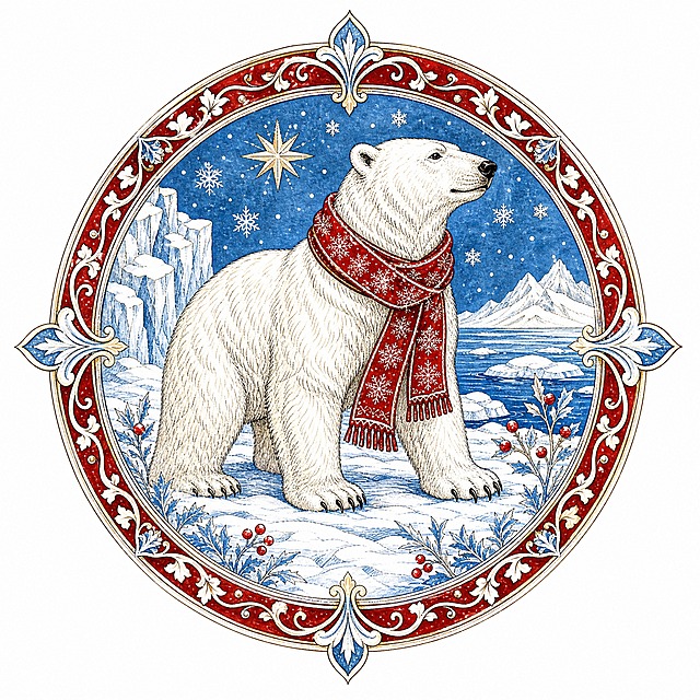 Christmas sticker, medieval illuminated manuscript style, a Christmas polar bear with red scarf standing in snow, arctic winter, circular composition 800x800, pure white and deep red and ice blue colors, medieval bestiary style, isolated on clean white background, e-commerce sticker design, high detail