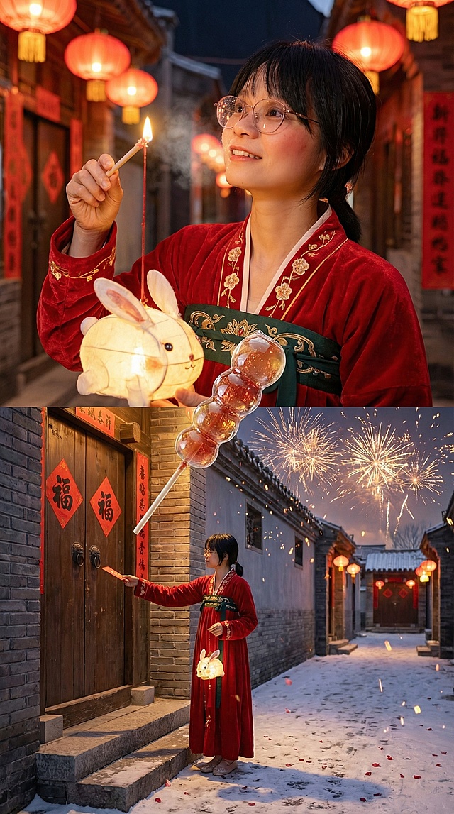 国潮风融合重拟物与剪纸元素，实景感十足的雪夜巷景中，女子手持兔灯与糖葫芦，喜庆氛围浓郁，水墨意境与中式年味交织，展现传统节日的温暖与浪漫。