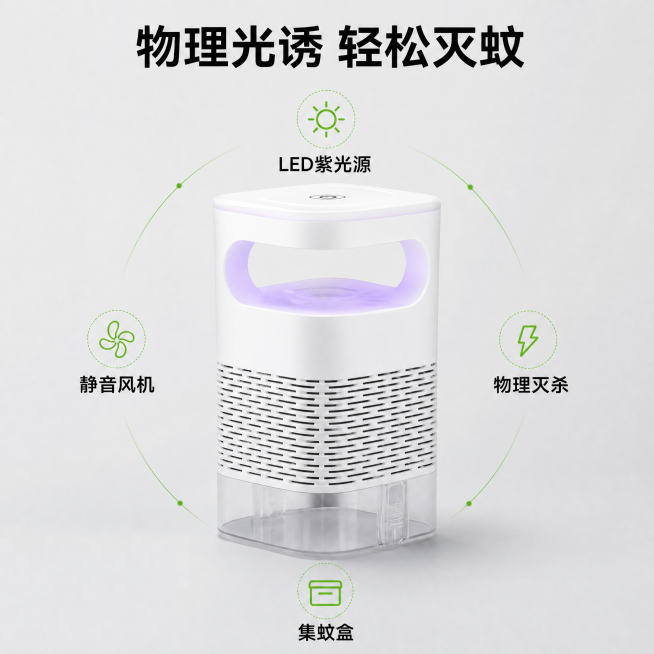 [主图-2] 灭蚊灯核心功能亮点展示图。
[氛围风格] 干净可信轻科技感，明亮通透，实用展示风。
[画质] 商业摄影质感、光线柔和通透、产品清晰真实、画面干净高级。
[元素] 白色仿生灭蚊灯放置画面中预览效果