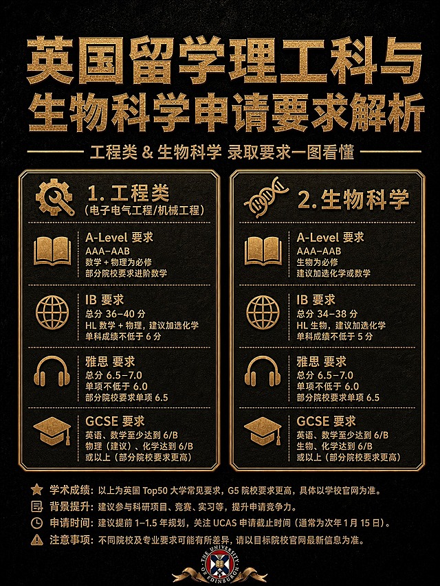 复刻参考图的黑金高端奢华风格，黑色暗纹纹理背景，金色立体浮雕裂纹质感字体，金色金属质感圆角边框。主标题为「英国留学理工科与生物科学申请要求解析」，金色立体大字居中靠上；副标题为「工程类 & 生物科学 录取要求一图看懂」，金色小字；下方两个金色边框大卡片板块：1.工程类（电子电气工程/机械工程），内含A-Level、IB、雅思、GCSE四项要求，每项配金色图标；2.生物科学，同样四项要求配图标。底部有金色小字提示。整体风格与参考图完全一致：高端、奢华、名校质感，黑金配色。画面中所有信息区域必须填充完整合理的内容，不得出现空白框。画面中所有数字必须精确渲染。