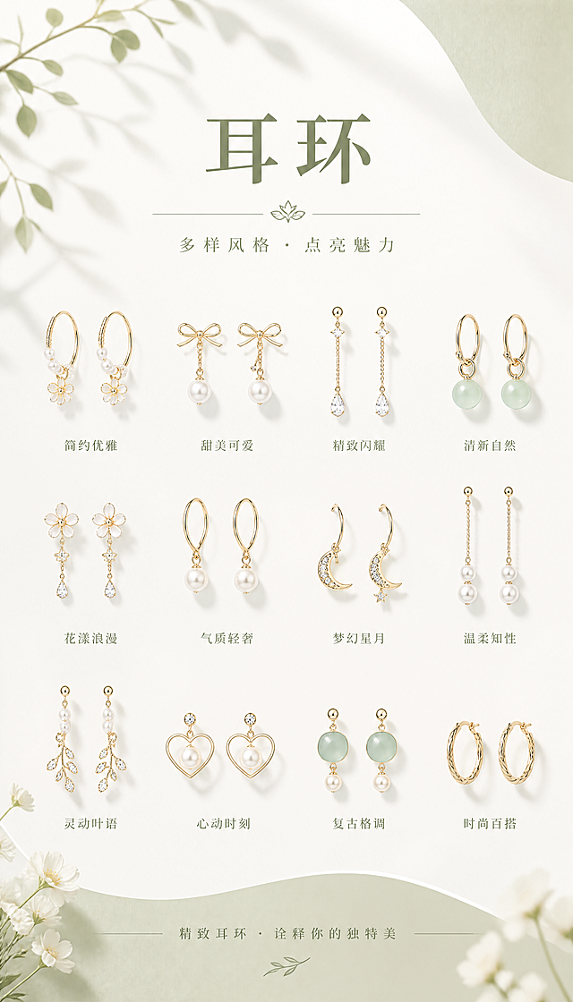 设计一张简约清新风格的耳环品类概括海报，画面展示多款时尚耳环整齐陈列在浅色背景上，文字标注分类为"耳环"，整体色调柔和清新，版式精美，9:16比例，超高清分辨率，统一商业风格