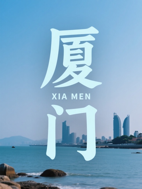 “厦门”二字竖排居中，大字设计，字体有一定的样式，副标题小字“XIA MEN”位于主标题之间，文字为冷色调，背景为厦门城市地标海边照片预览效果