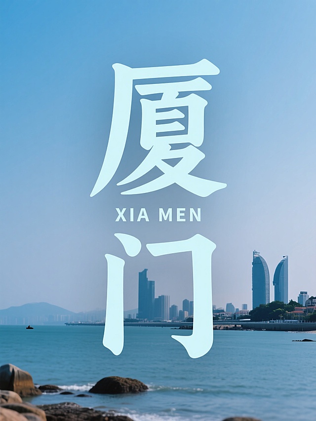 现代简约风格，大字风设计，实景海岸线背景，清新自然，展现厦门的清爽与时尚。