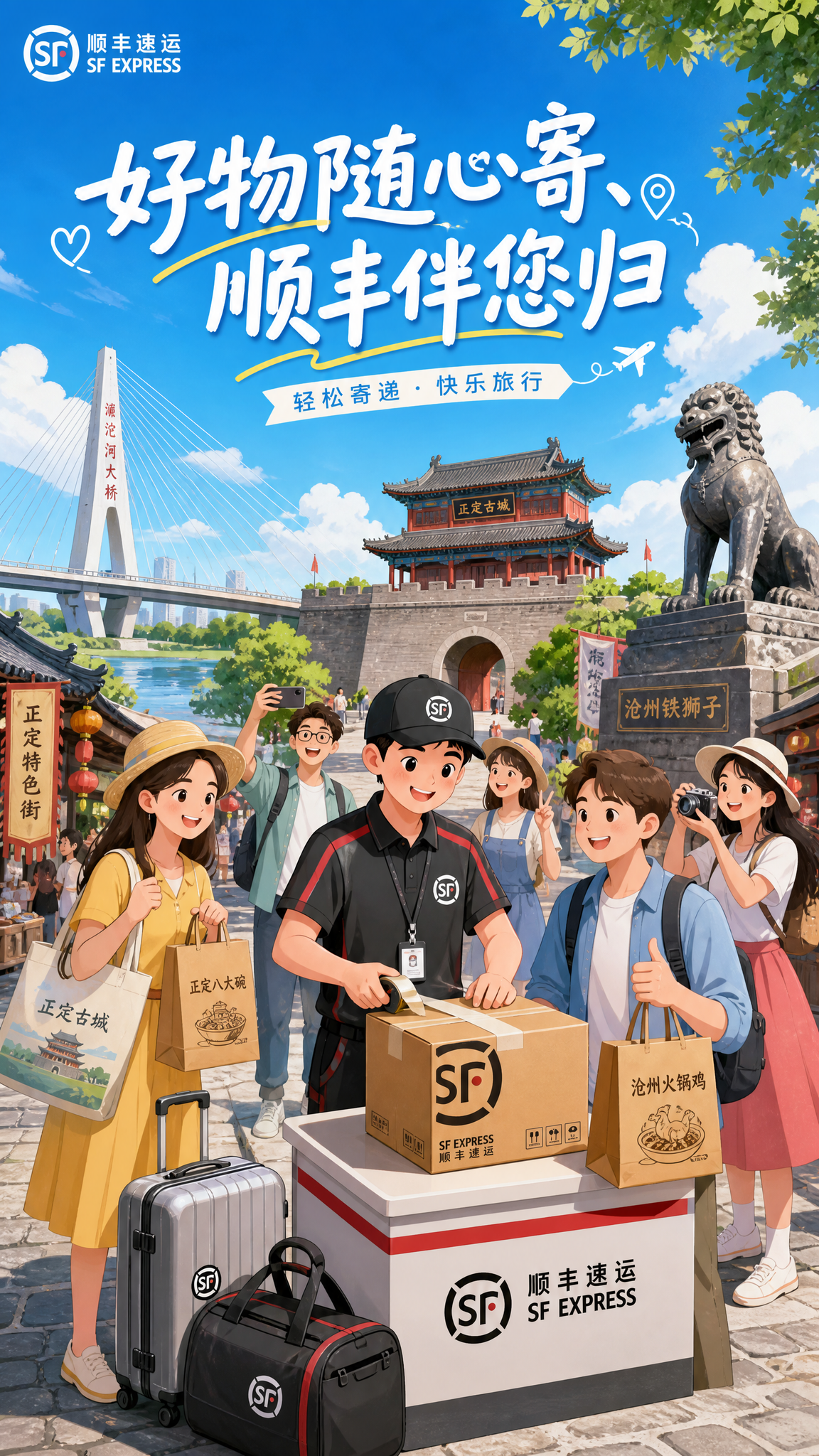 顺丰快递宣传H5竖版海报，扁平插画风格，清新明亮色调。背景包含… - 图片创意预览