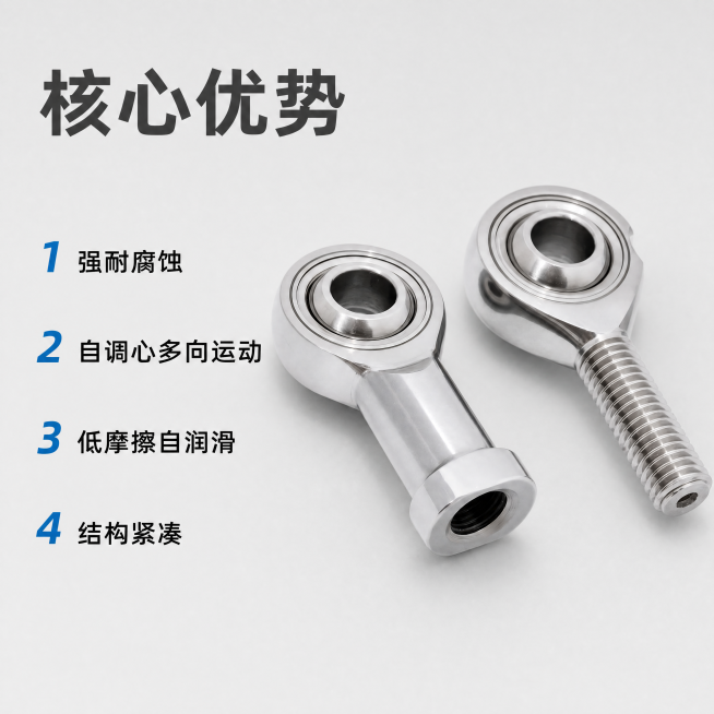 [主图-2] 不锈钢关节轴承核心卖点展示图。
[氛围风格] 专业工业风，简洁清晰，突出卖点。
[画质] 商业摄影质感、光线通透、产品清晰真实、画面干净高级。
[元素] 两颗不锈钢关节轴承主体放置在画面预览效果