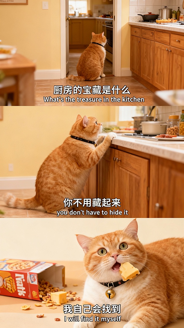 拟人风猫咪探秘厨房，实景感与漫画风结合，温馨趣味十足，印刷风文字点缀，节日氛围轻松治愈。