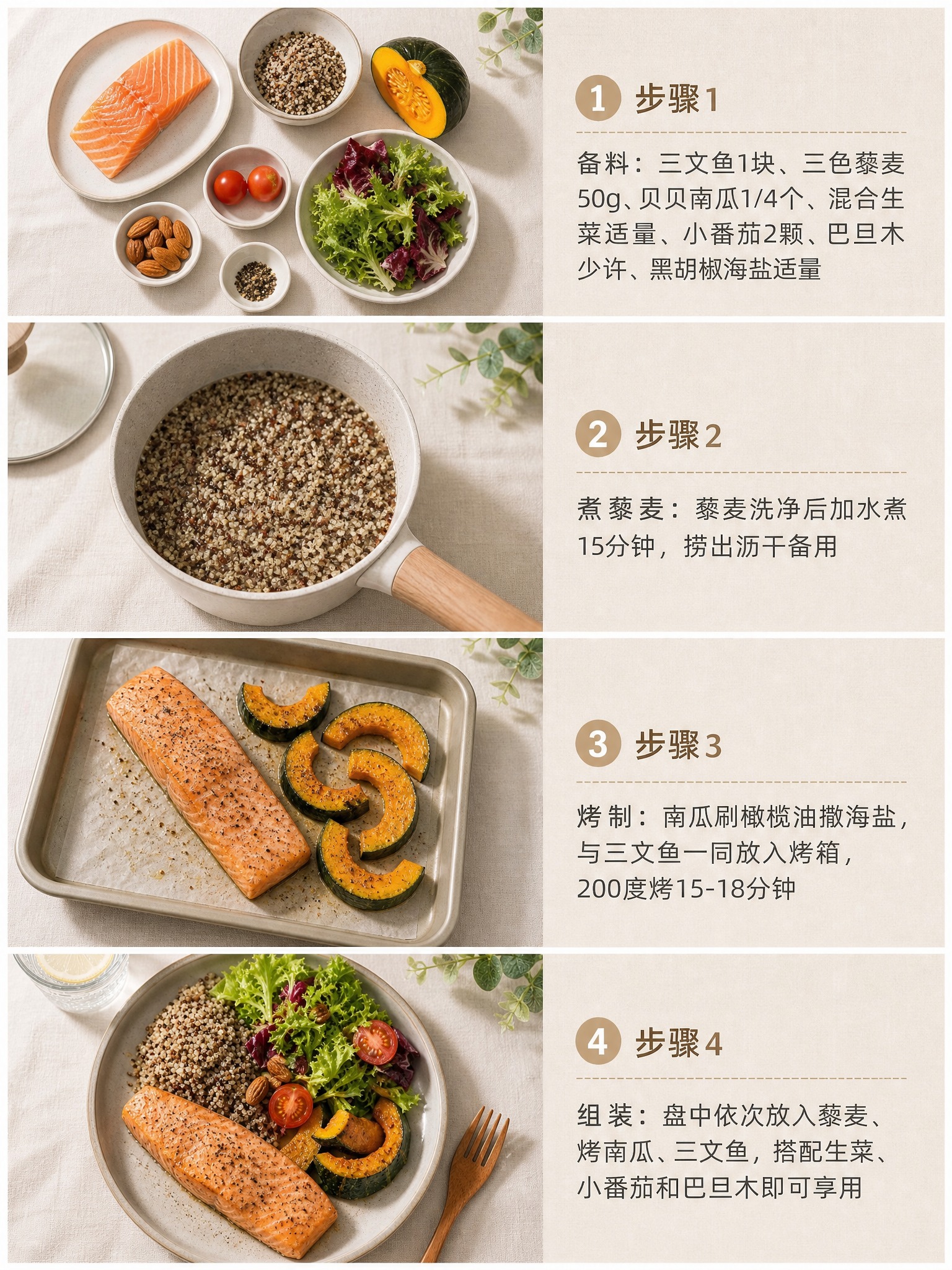 制作一张三文鱼藜麦轻食餐的制作步骤图，竖版3:4比例，分为4个… - 图片创意预览