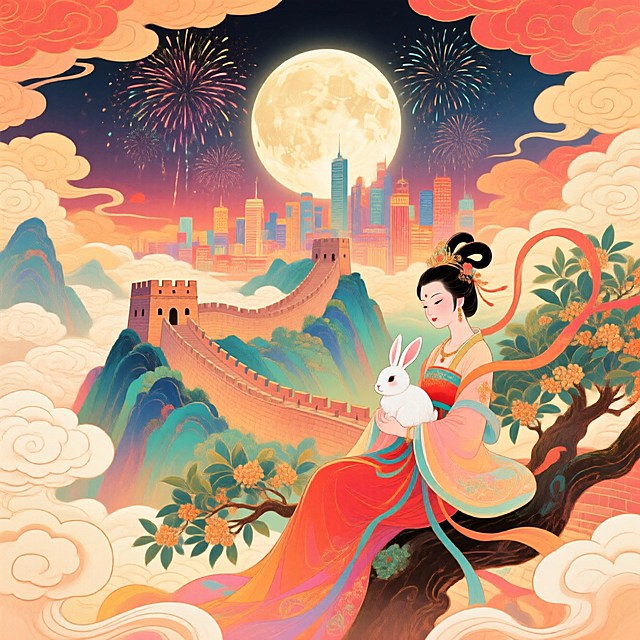 全景构图，近景是嫦娥抱着玉兔的坐在玉桂树上的侧影，中间是蜿蜒雄伟的长城和繁华的城市建筑，背后是圆月和烟花，画面四周祥云环绕，画面整体充满喜庆和华丽，画面呈现喜庆的暖色调