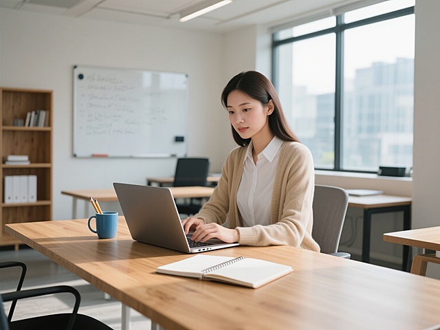 明亮的现代办公室环境，柔和的自然光透过大面积玻璃窗洒入室内，温暖的木质办公桌，桌上放着笔记本电脑、打开的笔记本、蓝色马克杯和一支铅笔，穿着米色开衫与白色衬衫的女性正在专注地使用笔记本电脑，背景有白色书写板、木质书架和简约办公家具，整体风格简约、专业、温馨，具有清晰的空间层次感和舒适的工作氛围，高清晰度，写实摄影风格，柔和光线，自然色彩。