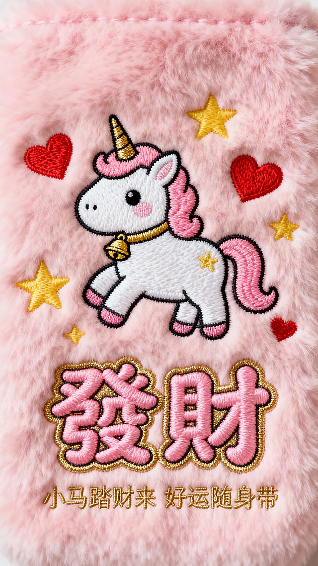 粉绒底刺绣独角兽配星星爱心，“发财” 文字传递好运随身的萌趣财愿