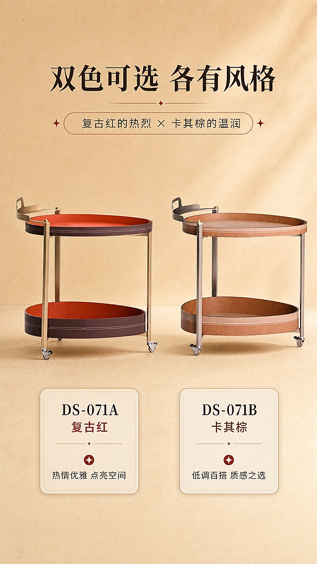[商品] 使用【图1】两款餐车（左红色DS-071A、右卡其色DS-071B）；两款并排展示，保留各自的台面颜色、支架配色、金属提手、滑轮结构与整体比例，颜色与质感完全对应原图，不改变结构。
[画面] 页面目标：双色SKU总览，呈现两款配色选型，促进下单决策。上文下景构图，顶部约20%为标题区，底部约80%为两款餐车并排矩阵展示；两款餐车以相同角度、相同光影并排放置在统一的暖驼色背景前，中间有微妙的光影过渡；两款大小一致，左右对称，下方各有独立的型号与色号标注卡。
[视觉] 套系策略：风格=轻奢复古家居商业摄影；标题字=现代衬线粗体（复古感）；正文字=简洁无衬线体；主色=复古红棕+暖驼色；背景延展=基于暖驼色做深浅层级、同色渐变和细腻纸张/织物质感；强调色=复古红，仅用于小面积图标、引线和标签；标题色=深棕黑；正文色=中暖灰；组件=圆角浅底信息卡、细线引线、复古胶囊框；光影=正前侧暖柔光，均匀柔和。
[文字] 顶部主标题「双色可选 各有风格」（8字），副标题「复古红的热烈 × 卡其棕的温润」（14字）；两款餐车下方分别标注：「DS-071A 复古红」「热情优雅 点亮空间」和「DS-071B 卡其棕」「低调百搭 质感之选」。
[规格] 图片比例9:16竖版，4K分辨率，负向提示：避免变形、错字、文字过小、冷蓝/蓝灰背景、产品颜色改变、结构失真、平台Logo水印、绝对化用语、两款大小不一致。