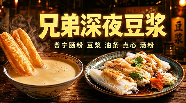 外卖店铺招牌设计，横版超宽构图，写实有食欲的深夜豆浆店风格。左侧是一碗冒着热气的香浓豆浆配油条，右侧是一盘淋着酱汁的潮汕肠粉，食材新鲜光泽诱人。中间偏上位置放置超大醒目主标题「兄弟深夜豆浆」，字体厚实有力，暖黄色发光字效。下方小字副标题：「普宁肠粉 豆浆 油条 点心 汤粉」。背景为深夜暖黄色灯光氛围，木质桌面与暖光渐变，深色调衬托食物，烟火气十足，商业美食摄影质感，高清细节，排版精美，左右平衡，文字清晰可读。画面中必须完整呈现以下文字信息：「兄弟深夜豆浆」「普宁肠粉 豆浆 油条 点心 汤粉」