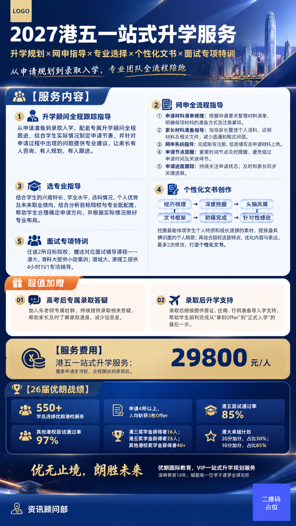 一张信息完整的港校升学服务宣传长海报，竖版9:16，深蓝高端商… - 图片创意预览