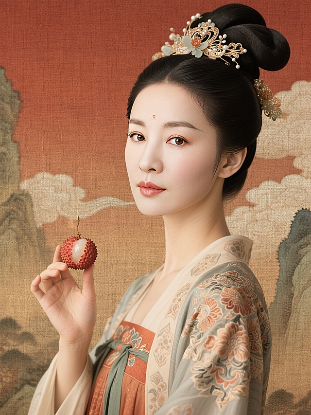 身穿唐代精美纹理服饰，高冷、大眼、长睫毛、华丽发饰，手持荔枝相关物件，古风影视海报质感，暖棕红渐变背景，融入山水云纹，色调古朴典雅，有传统工笔渲染韵味