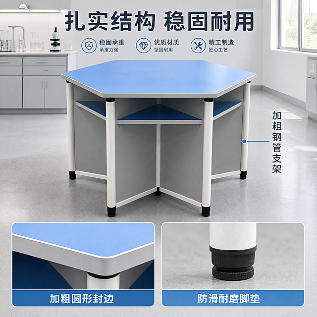 [主图-2] 六角实验桌结构与稳固性展示
[氛围风格] 现代专业实验室展示风格
[画质] 商业摄影质感、光线柔和通透、产品清晰真实、画面干净高级
[元素] 蓝白配色六角实验桌展示，保持产品外观（物理结构、材质质感、颜色）与输入产品图绝对一致，杜绝任何变形和色差，精细化处理。主体为完整实验桌展示，背景为干净的实验室环境，以引线标注加粗桌腿和加厚板材结构。下方双画中画分别展示桌脚底部防滑垫和板材封边细节，每个画中画内标注对应名称。商品主体占比65%，画面满屏无边框
[光影] 均匀明亮实验室顶光搭配侧面窗光，结构细节清晰可见，每个局部都有合适光影体现材质和工艺
[配色] 产品蓝白配色为主，背景浅灰干净，引线标注使用浅蓝色与深色文字对比，清晰易读
[视角构图] 正面平视，产品完整展示，上部主体下部细节，整体七三分构图，结构清晰
[文字版式] 顶部主标题写"扎实结构 稳固耐用"，下方主体产品，底部双画中画内分别标注加粗圆形封边，防滑耐磨脚垫。右侧竖向文字标注加粗钢管支架，文字清晰不遮挡产品
[比例分辨率] 1:1比例，4k分辨率，文字清晰锐利，画面超高清
[负向提示词] 变形，水印，文字错乱，产品图模糊，背景杂乱，色差