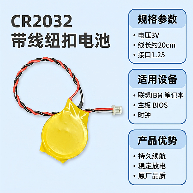 [主图-4] CR2032纽扣电池核心参数与适配展示，3C数码科技风格
[氛围风格] 清晰参数展示，信息直观的电商风格
[画质] 高清商业排版，文字清晰锐利，产品展示真实，画面干净层次分明
[元素] Bento栅格多区域版式，左侧大区域展示完整电池产品，保持产品外观颜色结构与原图完全一致，右侧分三个小卡片展示核心信息：1. 规格参数，2. 适配列表，3. 产品优势。三个卡片采用圆角浅蓝底，排列整齐，信息分组清晰。产品主体展示清晰，栅格排版信息饱满但不拥挤，整体画面满铺无边框。
[光影] 均匀布光，产品和文字卡片都清晰明亮，没有过暗或过曝区域，光影层次自然。
[配色] 浅蓝科技风格搭配深灰文字，产品黄色主体突出，整体清爽专业，对比清晰。
[视角构图] 电池在左侧居中展示，栅格卡片在右侧分区排列，整体平衡稳定，产品占比合理不拥挤。
[文字版式] 左侧产品上方标题「CR2032 带线纽扣电池」粗体；右侧三个卡片标题加粗：卡片一「规格参数」内写：电压3V 线长约20cm 接口1.25；卡片二「适用设备」内写：联想IBM 笔记本主板 BIOS 时钟；卡片三「产品优势」内写：持久续航 稳定放电 原厂品质。文字清晰不重叠，均在卡片区域内，不遮挡产品主体。
[比例分辨率] 1:1比例，2k分辨率，文字清晰可辨，超高清。
[负向提示词] 变形，水印，文字错乱，排版混乱，遮挡产品，信息不全