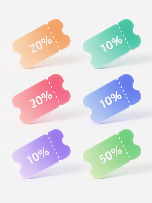 六个不同配色和造型的优惠券图标，每个都有不同的角度和设计，保持相同的风格和券元素内容，纯色背景，规整排布的系列素材集合，3D渲染，光滑渐变质感，圆角边缘，锯齿状撕痕，正面文字，高细节，明亮光线，简约现代设计，白色背景