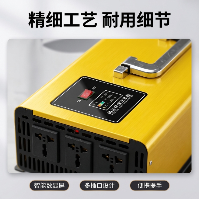 [主图-3] 黄色纯正弦波逆变器细节展示主图。
[氛围风格] 微距特写，突出工艺质感
[画质] 商业微距摄影，超高清细节，质感真实
[元素] 主体为逆变器的控制面板接口区域放大特写，保持黄色外壳、黑色预览效果