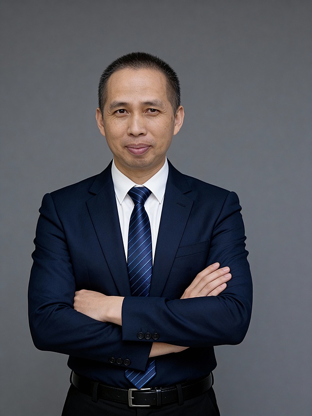 保留人物脸型､发型､年龄特征生成标准职场形象照,50MM焦段,F/4光圈(F/2.8-F/4区间),相机与人物距离3米,横向16:9比例(左右预留环境空间),人物占画面60%,入镜头部至膝盖上方5CM,平视视角,人物居中构图,头肩比例协调,身穿深墨蓝色西装,内搭白色衬衫,精致且高级的深蓝色斜向微微渐隐光泽感极细条纹商务感领带,下装黑色西裤搭配黑色皮带;正面抱胸姿态,肢体舒展的站立姿态,自信从容;主