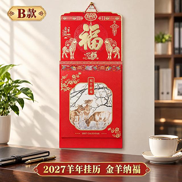 金羊纳福福羊献瑞2027年挂历淘宝主图，严格按照参考图2的产品原样生成，产品规格严格295×680mm，高宽比约2.3:1竖版长条形，绝对不能变形。高级现代办公场景，挂历悬挂在米白色墙面上，下方是深色木质办公桌，桌面有皮质笔记本、金色钢笔、咖啡杯、绿植，柔和自然光从左侧洒入，背景轻微虚化突出产品。挂历严格保持参考图2的所有细节：上半部分大红色底，中央巨大烫金福字，左右两侧各有一只背钱袋的金色绵羊（绵羊姿态、花纹与原图完全一致），左侧金羊纳福字样，右侧中国结挂饰，顶部如意祥云装饰和福字锁扣；中间彩色花纹装饰带（花朵图案与原图一致）；下半部分红色底，中央八角形画框内水墨三羊图福羊献瑞（三只羊姿态与原图完全一致），画框上方红色竖牌金色福羊献瑞四字，两侧金色梅花枝，底部2027 CALENDAR字样。画面左上角金色标签写B款，底部金色主标题2027羊年挂历 金羊纳福。产品比例严格正确不变形，所有图案细节与原图一致，商业产品摄影质感，1:1正方形画布。
