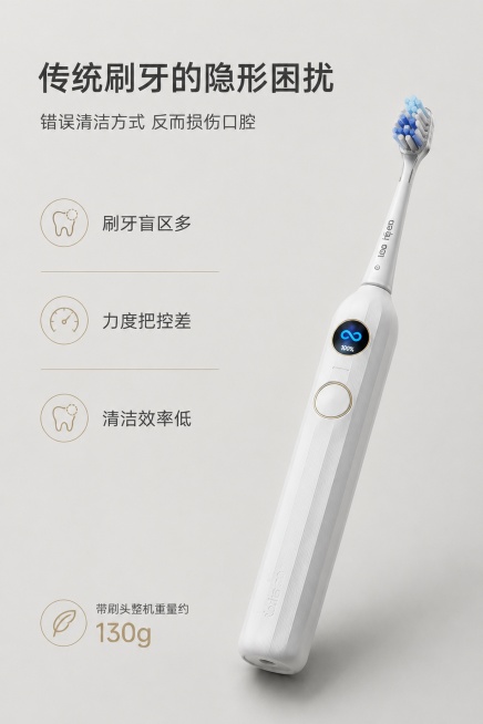 ### 第1屏：品牌主视觉KV屏
严格还原上传的产品图，包括机身哑光白色竖棱设计、圆形彩屏、金边圆形按键、刷头造型、品牌标识等所有细节，产品尺寸比例保持1:1，带刷头整机重量约130g；2:3竖版电商预览效果
