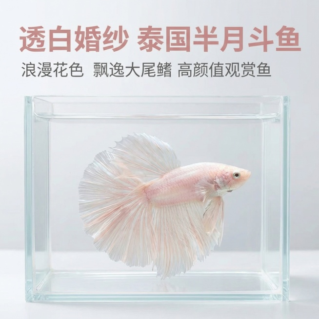 [主图 1] 高颜值观赏鱼泰国斗鱼首图
[氛围/风格] 真实自然，干净透亮，突出产品美感，营造浪漫高级感
[画面元素] 透白半月泰国斗鱼居中展示，完整呈现飘逸大半月尾鳍，保留斗鱼原有形态外观，放置在干预览效果