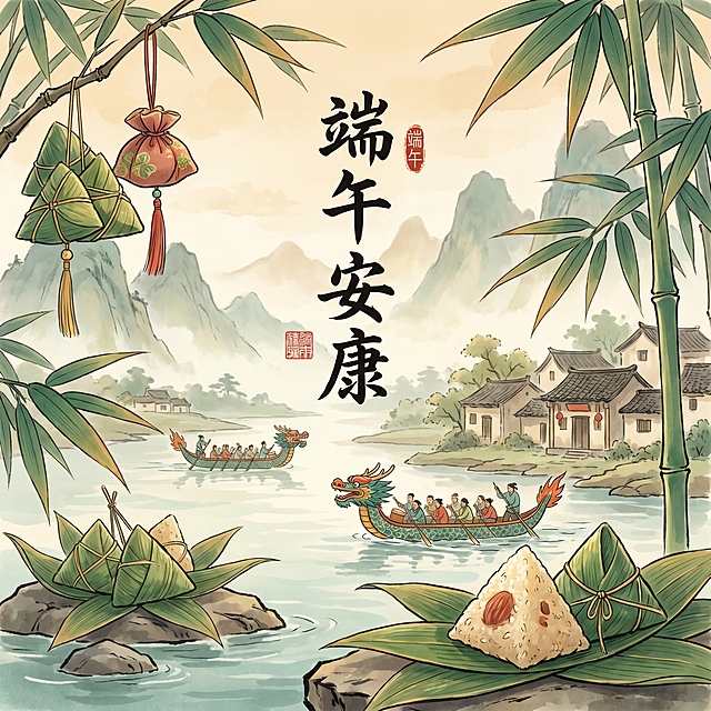 端午节问候图，中式国风背景，带有粽子、龙舟、粽叶等传统端午元素，整体氛围温馨祥和，画面中央添加文字"端午安康"，适合用于节日问候分享