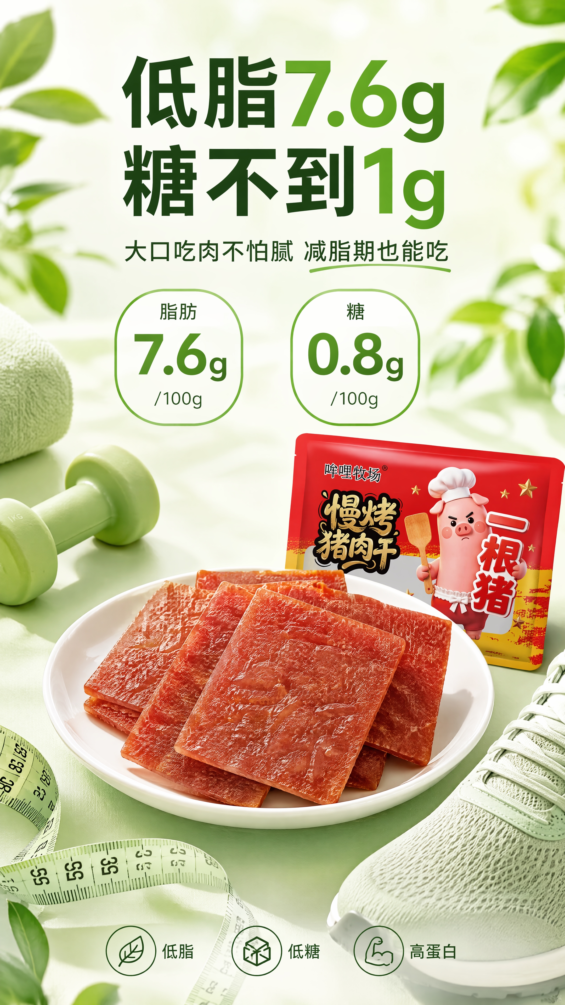 拼多多卖点图低脂低糖，清新浅绿背景明亮简洁，传递健康轻负担感。… - 图片创意预览