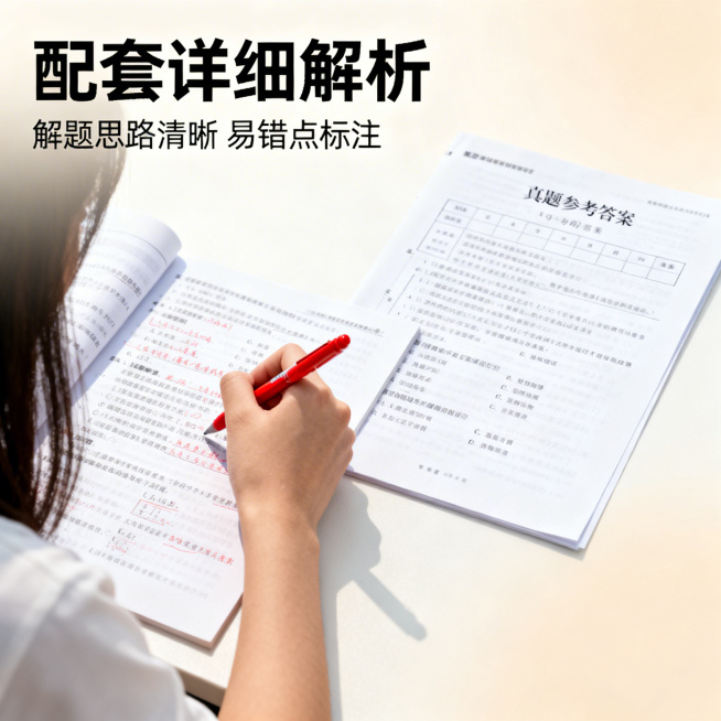 历届高考真题合集电商主图第六张，清新舒适学习风格，柔和自然光。画面左侧是学生拿着红笔对照真题答案修改错题的特写，右侧是真题试卷的参考答案页特写，背景为浅米色渐变。左上角标题「配套详细解析」，下方小字「预览效果