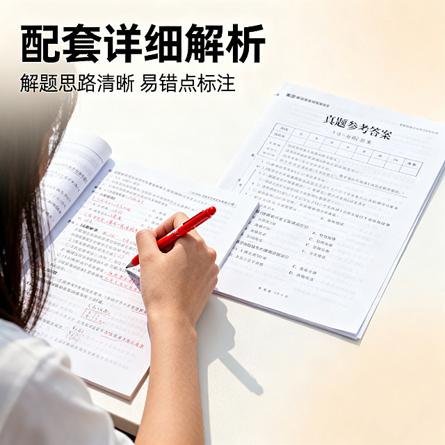 历届高考真题合集电商主图第六张，清新舒适学习风格，柔和自然光。画面左侧是学生拿着红笔对照真题答案修改错题的特写，右侧是真题试卷的参考答案页特写，背景为浅米色渐变。左上角标题「配套详细解析」，下方小字「解题思路清晰 易错点标注」，无衬线黑色字体，文字不遮挡主体内容。