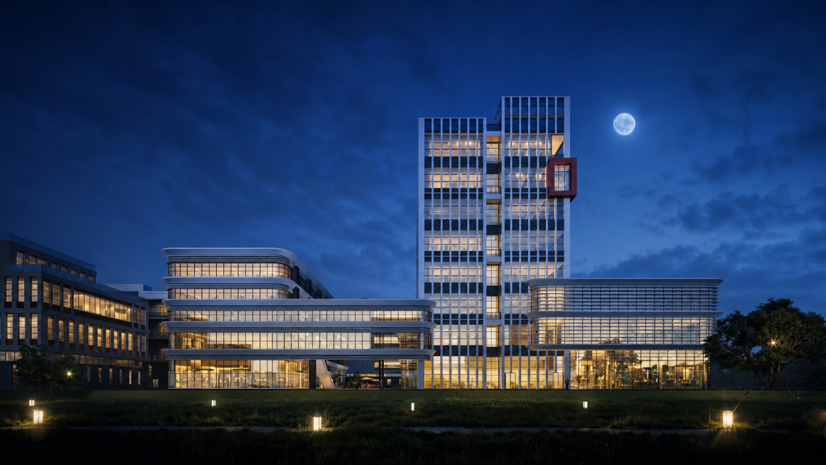将图片修改为天刚黑的夜晚效果，保留建筑和环境结构，调整整体氛围为暮色降临的蓝调夜景，点亮建筑灯光预览效果