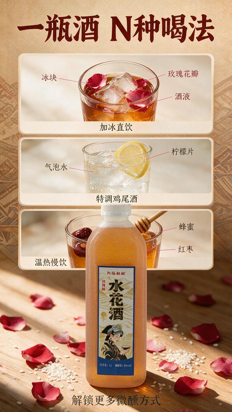 [商品] 使用产品图阿依妞妞玫瑰味水花酒，保留包装外观和文字，… - 图片创意预览