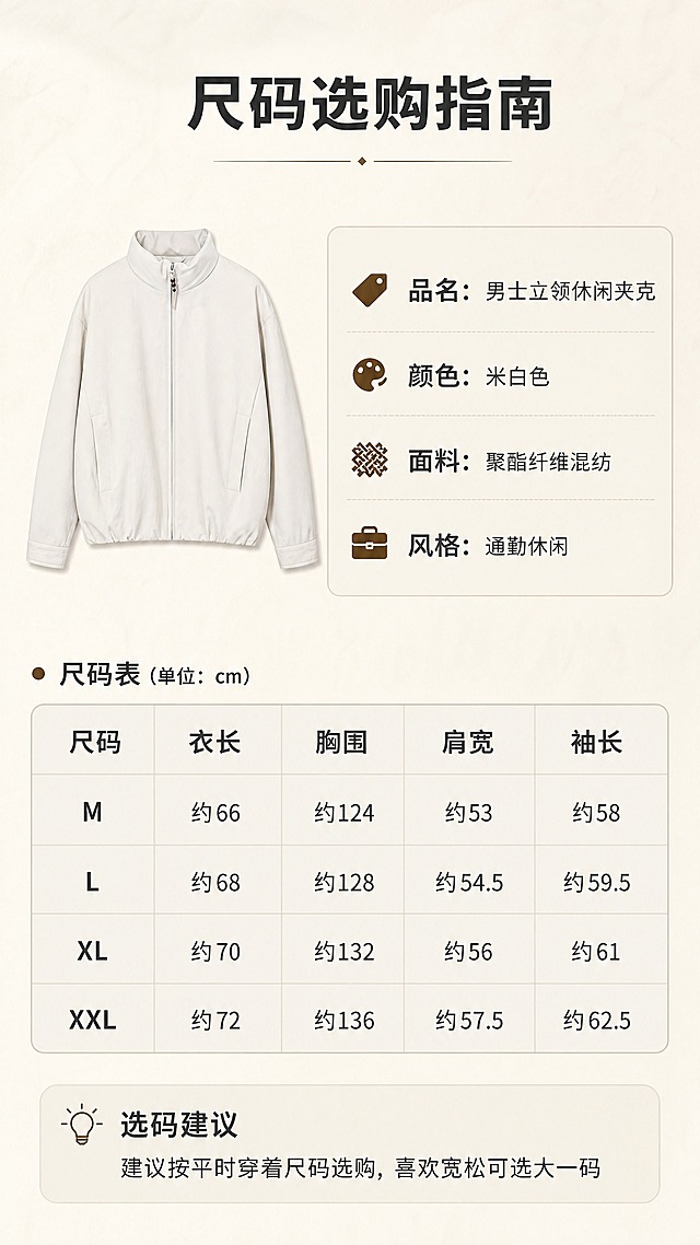 [商品] 使用【图1】米白色立领男士夹克；商品处理：保留立领、拉链、插袋、袖口、下摆松紧、整体版型和米白颜色；自然去除衣身杂乱褶皱，理顺垂坠，增强面料纹理、缝线、拉链五金质感，不改变版型和结构。缩小展示在尺码表旁。
[画面] 页面目标：尺码信息与选购指南页，含尺码表、选码建议、产品基础参数。构图：竖版9:16，上半部分左侧为夹克正面缩略图（占画面25%），右侧为产品基础信息；下半部分为清晰的尺码表格。背景为浅米色纸张质感，表格用细线条+浅色底纹区分，整体干净整洁。底部有选码建议文字。
[视觉] 套系策略：风格=极简高级男装商业摄影风；标题字=现代无衬线粗体（思源黑体Heavy）；正文字=简洁无衬线体（思源黑体Regular）；主色=米白+浅灰；背景延展=基于米白/浅灰做深浅层级渐变、细腻水泥墙面/纸张质感；强调色=深棕/古铜色，仅用于小面积图标、引线和标签；标题色=深炭灰；正文色=中暖灰；组件=细线引线、圆角浅底信息卡、极简分割线；光影=左前侧45度柔光，柔和自然阴影。
[文字] 顶部主标题"尺码选购指南"。产品信息栏："品名：男士立领休闲夹克"、"颜色：米白色"、"面料：聚酯纤维混纺"、"风格：通勤休闲"。尺码表含M/L/XL/XXL四档，列为"尺码 / 衣长 / 胸围 / 肩宽 / 袖长"，数值用约数表达。底部选码建议："建议按平时穿着尺码选购，喜欢宽松可选大一码"。所有文字横排，表格清晰手机端可读。
[规格] 图片比例9:16竖版，4K，medium质量。避免变形、错字、文字过小、冷蓝背景、衣服颜色改变、版型失真、出现平台Logo/水印/二维码。