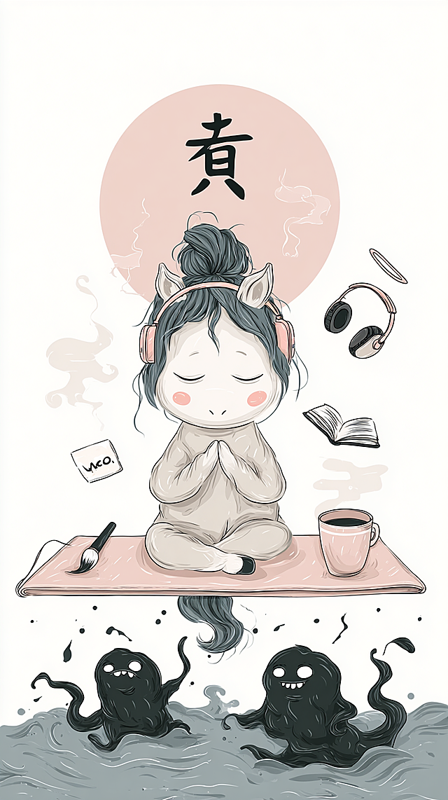插画风拟人小马闭目冥想，水彩质感搭配水墨浪花，头顶“亥”字与飘动耳机，静谧梦幻中暗藏俏皮黑影，可爱卡通感十足。