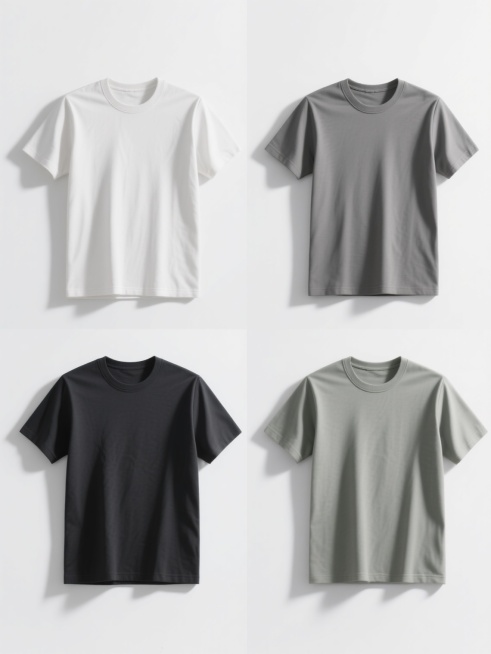 白色背景上，四个不同配色、不同样式、不同材质的T恤造型，上下两行对齐排列，每个T恤都采用简约写实风格，具有清晰的边缘轮廓和真实的布料质感表现，光源来自上方，T恤表面有自然的明暗过渡和轻微阴影，整体呈现出干净、整洁的产品展示效果，类似服装电商白底图的拍摄风格，无任何文字、logo、二维码或额外装饰元素。预览效果