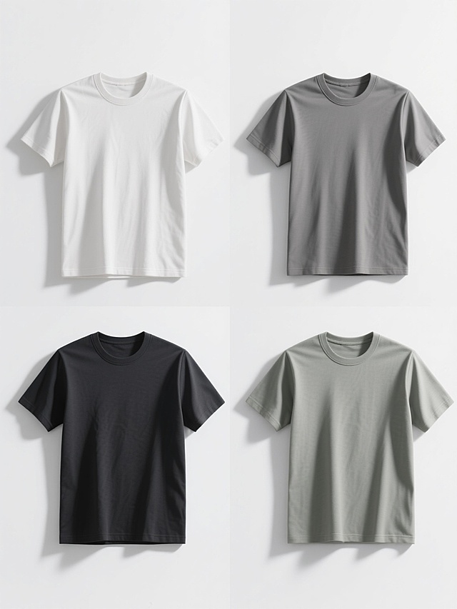 白色背景上，四个不同配色、不同样式、不同材质的T恤造型，上下两行对齐排列，每个T恤都采用简约写实风格，具有清晰的边缘轮廓和真实的布料质感表现，光源来自上方，T恤表面有自然的明暗过渡和轻微阴影，整体呈现出干净、整洁的产品展示效果，类似服装电商白底图的拍摄风格，无任何文字、logo、二维码或额外装饰元素。