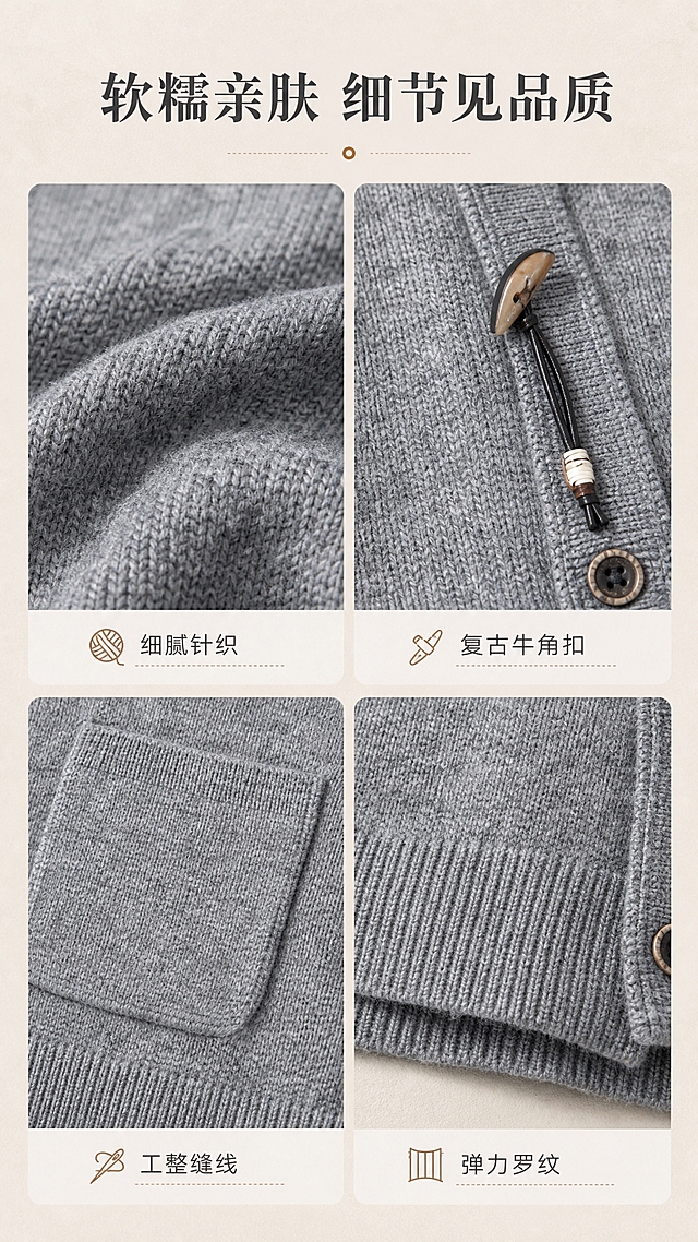 [商品] 使用【图1】灰色牛角扣针织开衫；商品处理：保留圆领、牛角扣+圆形纽扣门襟、双口袋、落肩长袖、宽松版型、花灰色针织面料和整体结构；自然去除衣身杂乱褶皱，理顺垂坠，增强针织纹理、纽扣质感和缝线细节，不改变版型、颜色和结构。
[画面] 页面目标：面料工艺页，展示针织纹理与细节质感。构图：2×2宫格布局，左上为针织面料微距特写（清晰展示织纹肌理），右上为牛角扣细节特写（金属+皮质质感），左下为口袋缝线细节，右下为罗纹下摆特写；四个小图之间有细微间距，背景为米杏色细腻纸张质感。产品局部占每格约80%，景别为微距/特写，阅读动线从左上到右下。
[视觉] 套系策略：风格=韩系慵懒高级商业摄影；标题字=现代简约衬线粗体；正文字=纤细无衬线体；主色=花灰+米杏；背景延展=基于花灰与米杏做深浅层级、同色渐变和细腻织物/水泥墙质感；强调色=焦糖棕，仅用于小面积图标、引线和标签；标题色=深炭灰；正文色=中暖灰；组件=圆角浅底信息卡、细线引线；光影=左前侧暖柔光，柔和自然阴影。
[文字] 顶部主标题「软糯亲肤 细节见品质」，每个宫格下方配小字标签：细腻针织、复古牛角扣、工整缝线、弹力罗纹。文字横向排版，字号适中，手机端清晰可读。
[规格] 图片比例9:16竖版，2K分辨率，避免变形、错字、文字过小、冷蓝背景、衣服颜色改变、版型失真、极限词。