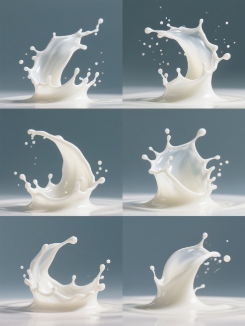 六个不同造型与角度的牛奶飞溅瞬间，完全透明的纯净液体质感，高光与阴影细节丰富，呈现立体写实的摄影风格，以纯色背景为衬托，整体色彩统一变换，所有飞溅形态规整排布形成系列素材集合预览效果