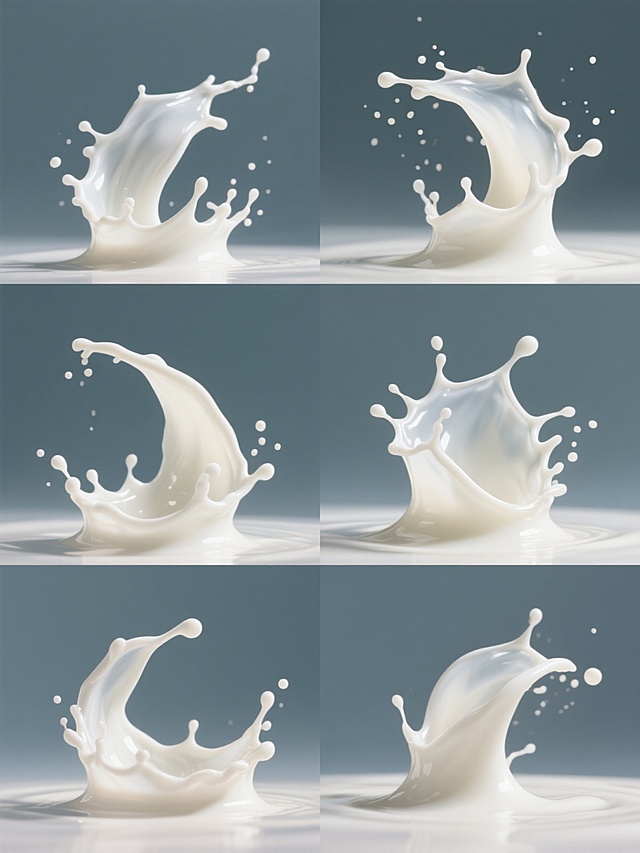 六个不同造型与角度的牛奶飞溅瞬间，完全透明的纯净液体质感，高光与阴影细节丰富，呈现立体写实的摄影风格，以纯色背景为衬托，整体色彩统一变换，所有飞溅形态规整排布形成系列素材集合