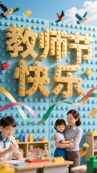 乐高创意字体，“教师节快乐” 字样用金色乐高积木拼在上方，丝带， 幼儿园老师抱孩子、中学老师指导实验 ，背景用浅蓝乐高板模拟天空，点缀乐高飞鸟积木预览效果